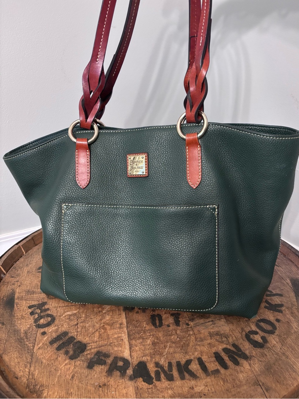 Dooney & Bourke Forest Green Pebbled Tammy Leather Tote with Chestnut Handles